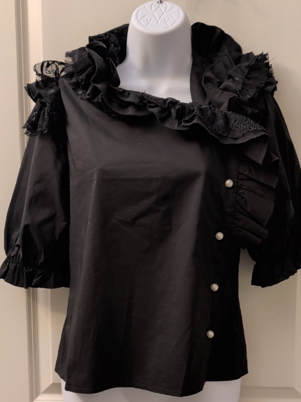 Black Ruffled Lace-Trim Blouse with Pearl Buttons - Women